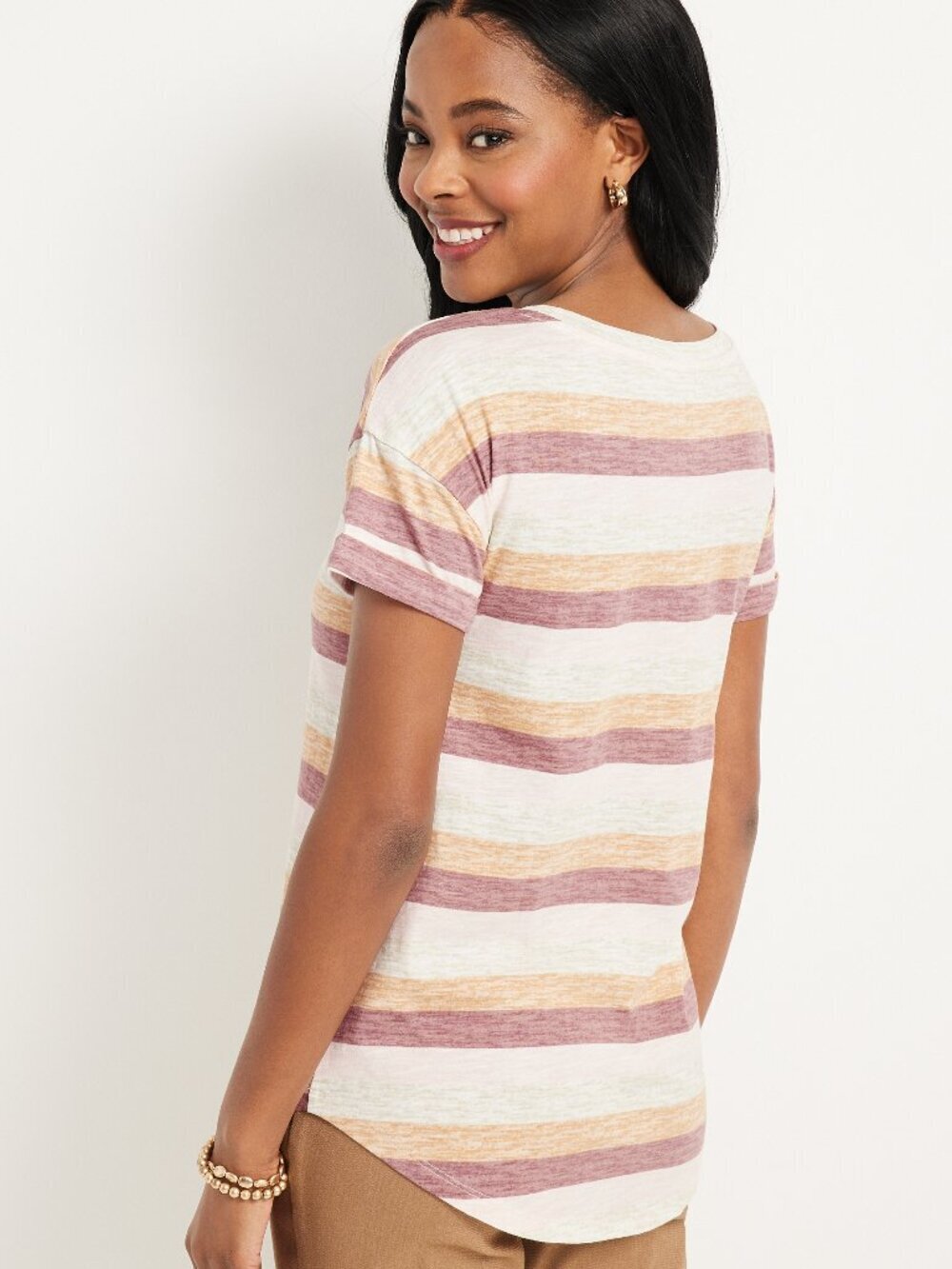 👚 Maurices 24/7 Dawson Maroon Yellow Pink White Striped Drop Shoulder Tee Large